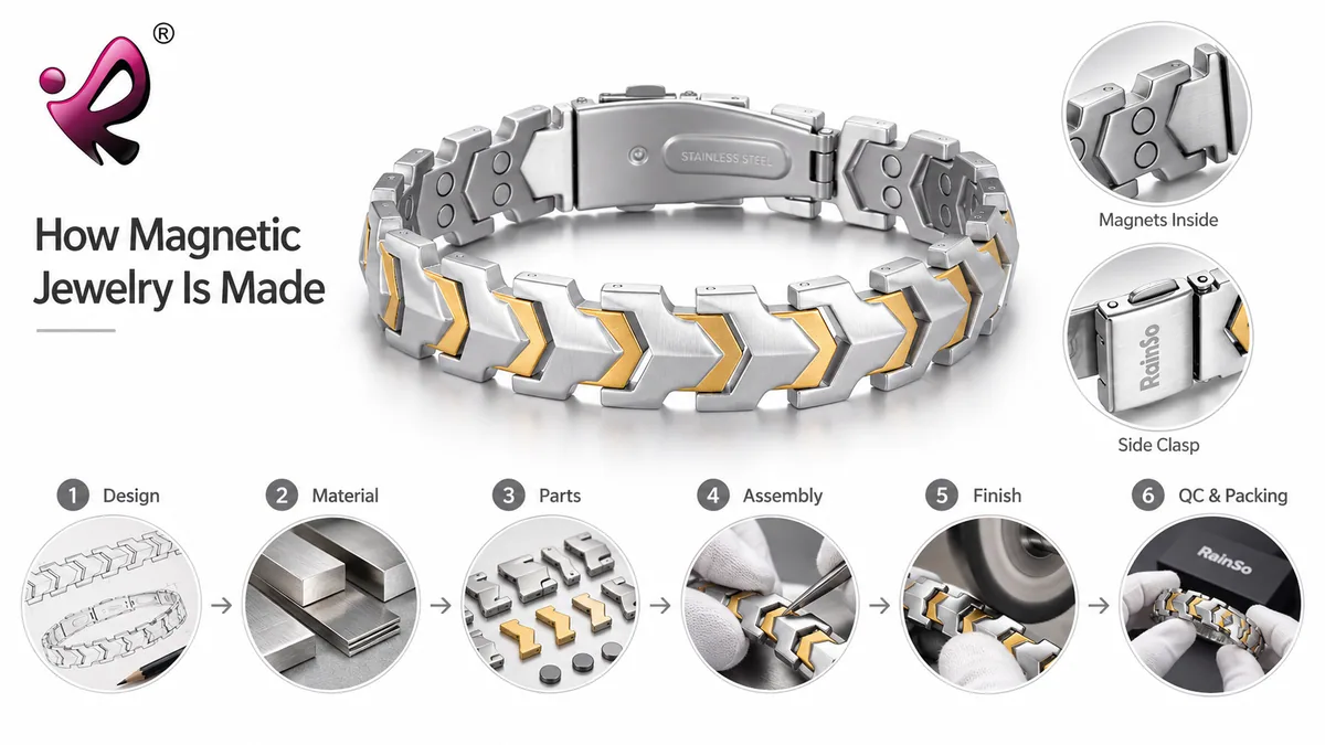 Magnetic jewelry manufacturing process from steel IQC to final packing
