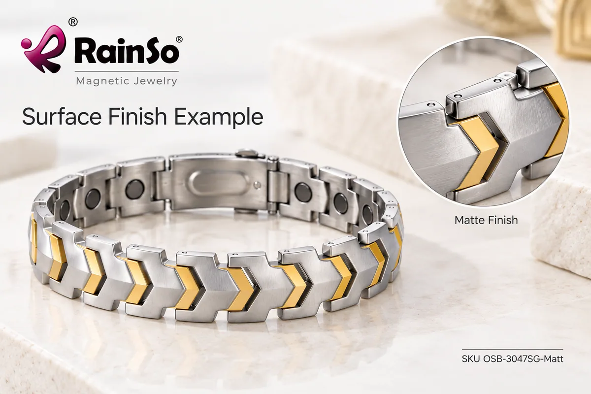 Polished and matte surface finish examples on magnetic jewelry