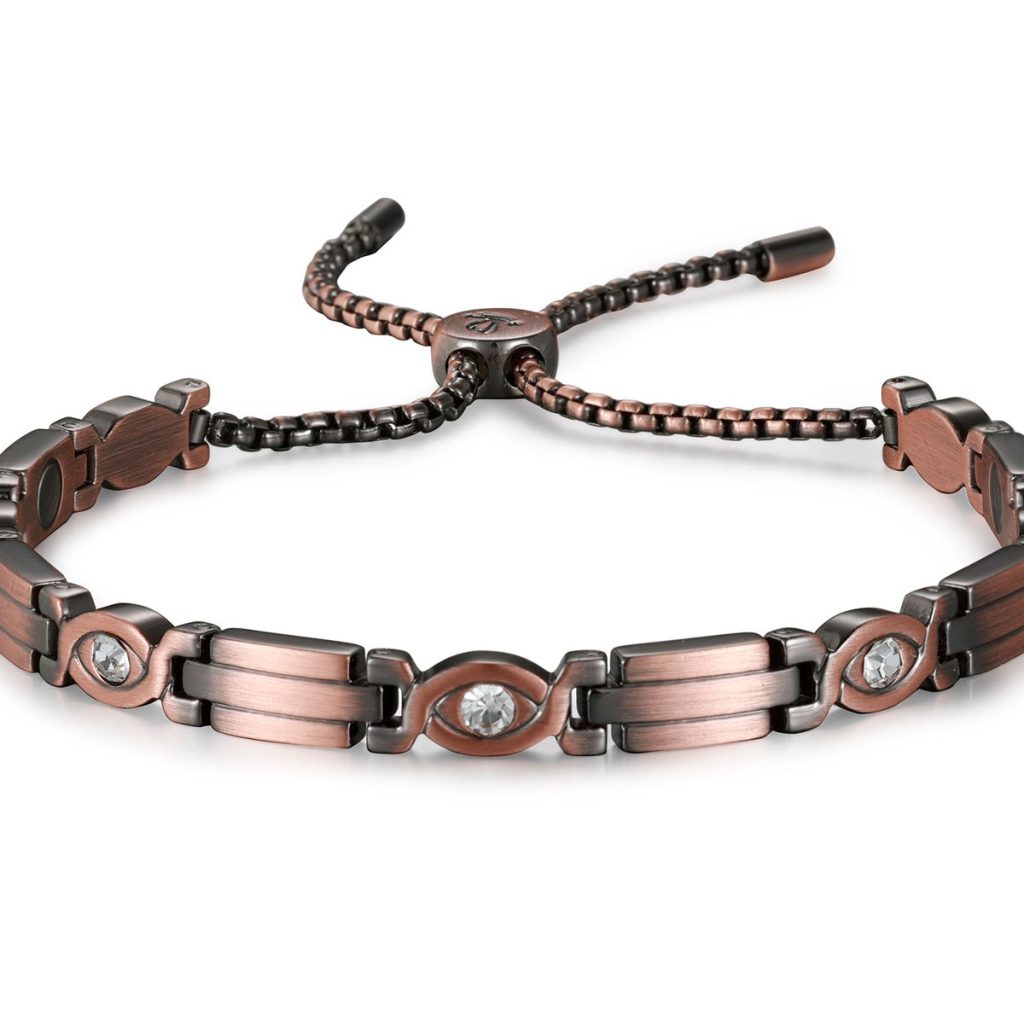 Magnetic Copper Bracelet with Clear CZ Stones, Adjustable Box Chain – Matte Antique Copper image 2