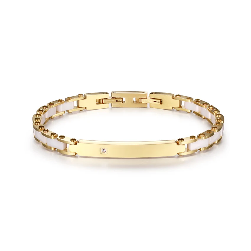 Curved Bar CZ Ceramic 316L Stainless Steel Magnetic Bracelet - Gold-Tone & White