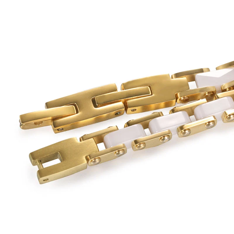 Curved Bar CZ Ceramic 316L Stainless Steel Magnetic Bracelet - Gold-Tone & White image 2
