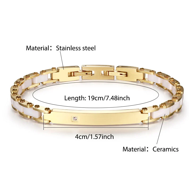 Curved Bar CZ Ceramic 316L Stainless Steel Magnetic Bracelet - Gold-Tone & White image 3