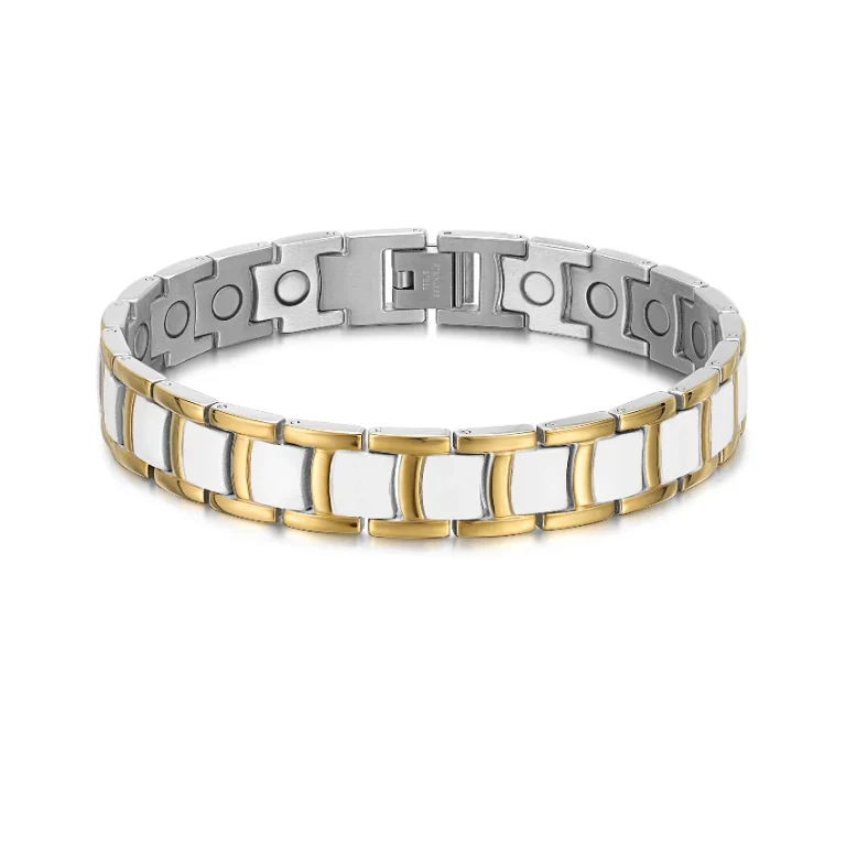 Baked Enamel I-Bar Full Magnetic Bracelet 316L Stainless Steel - Polished & Matte, Gold-Tone & White
