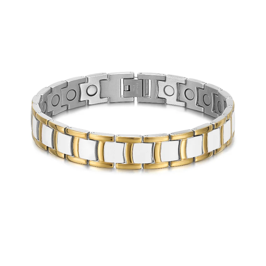 Baked Enamel I-Bar Full Magnetic Bracelet 316L Stainless Steel - Polished & Matte, Gold-Tone & White