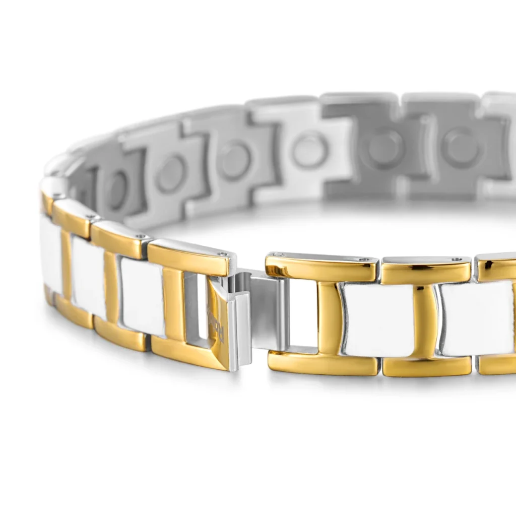 Baked Enamel I-Bar Full Magnetic Bracelet 316L Stainless Steel - Polished & Matte, Gold-Tone & White image 2