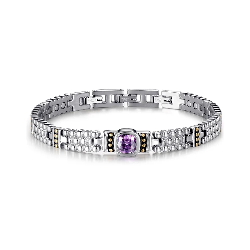 Caviar Series CZ Magnetic 316L Stainless Steel Bracelet - Steel-Tone & Gold & Lavender CZ