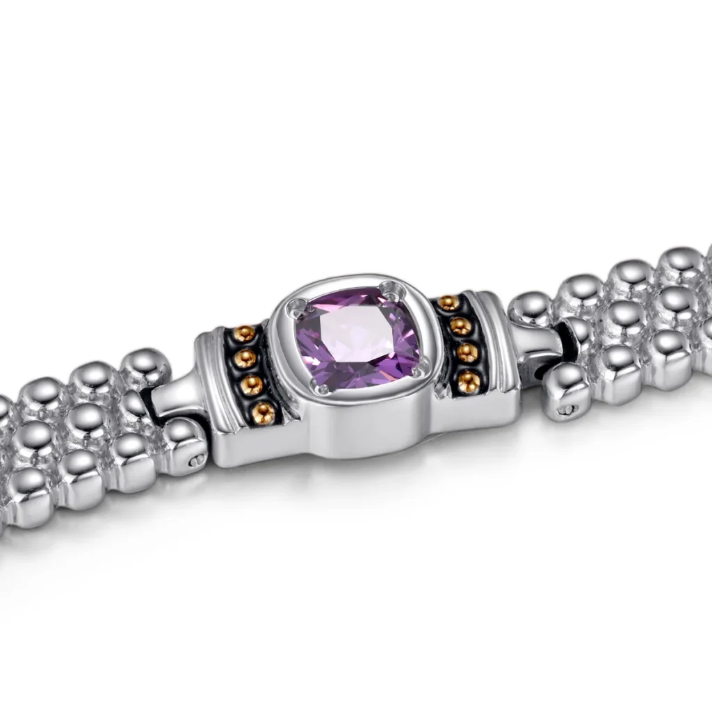 Caviar Series CZ Magnetic 316L Stainless Steel Bracelet - Steel-Tone & Gold & Lavender CZ image 2