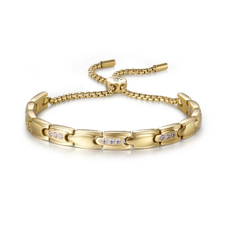 CNC CZ Stone Magnetic 316L Stainless Steel Stretch Bracelet - Gold-Tone & White