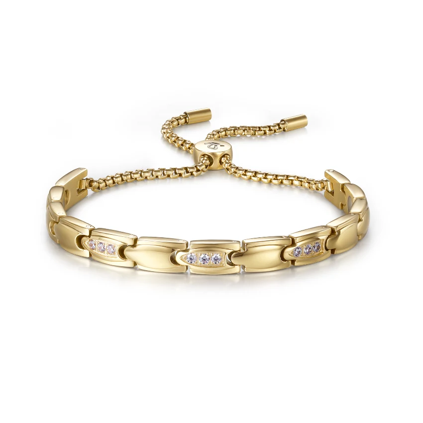 CNC CZ Stone Magnetic 316L Stainless Steel Stretch Bracelet - Gold-Tone & White