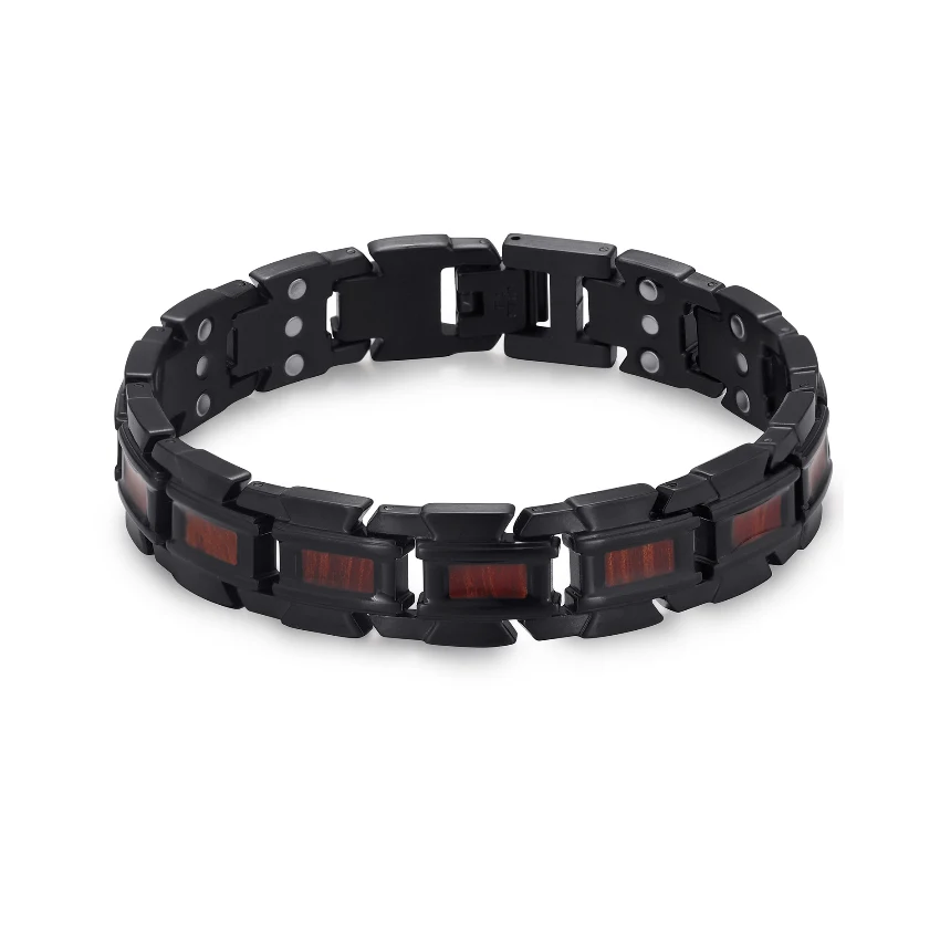 Scorpion Claw Three-Row Magnetic Red Wood Bracelet 316L Stainless Steel - Matte Black & Red-Brown