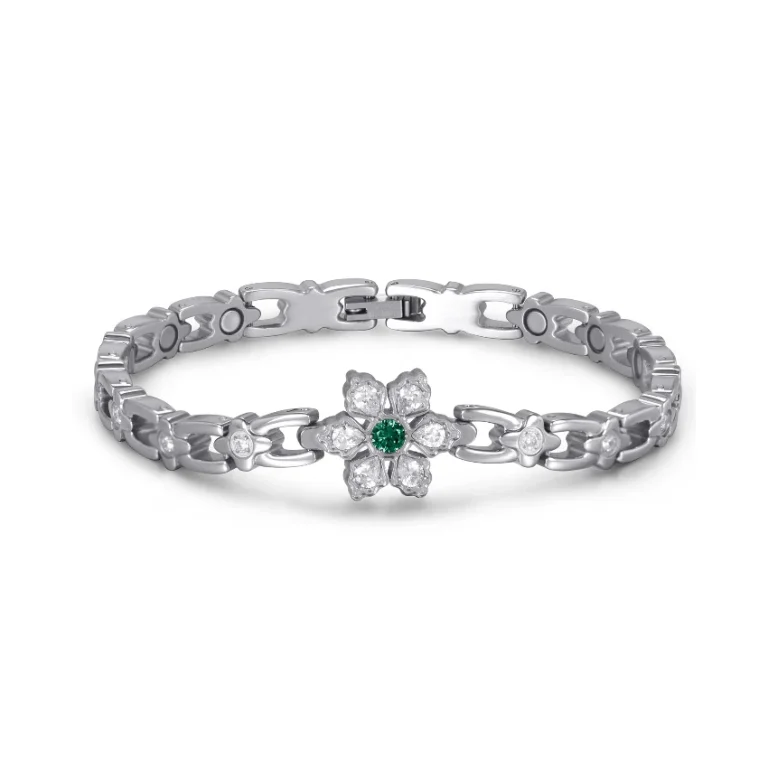 Snowflake Deep Green CZ Magnetic 316L Stainless Steel Bracelet - Polished & Matte