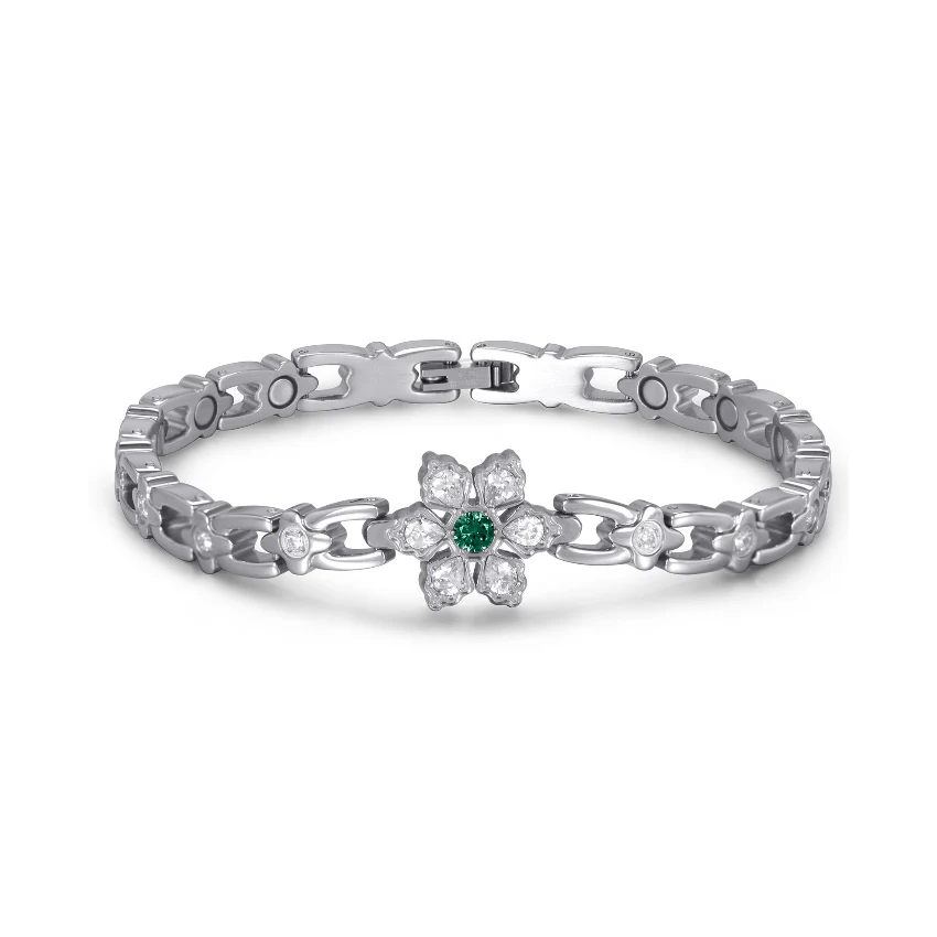 Snowflake Deep Green CZ Magnetic 316L Stainless Steel Bracelet - Polished & Matte