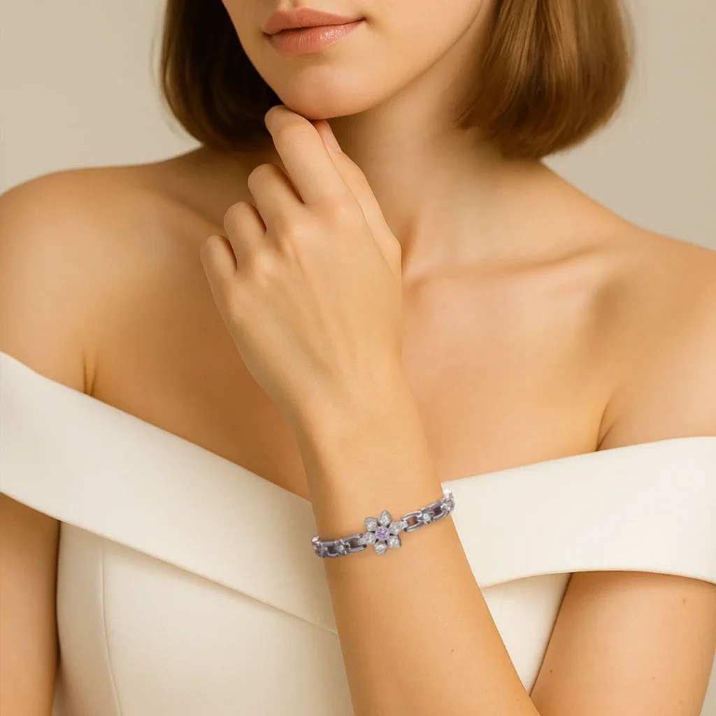 Snowflake Series Light Purple Full-Magnetic Stainless Steel Bracelet - Polished & Matte image 3