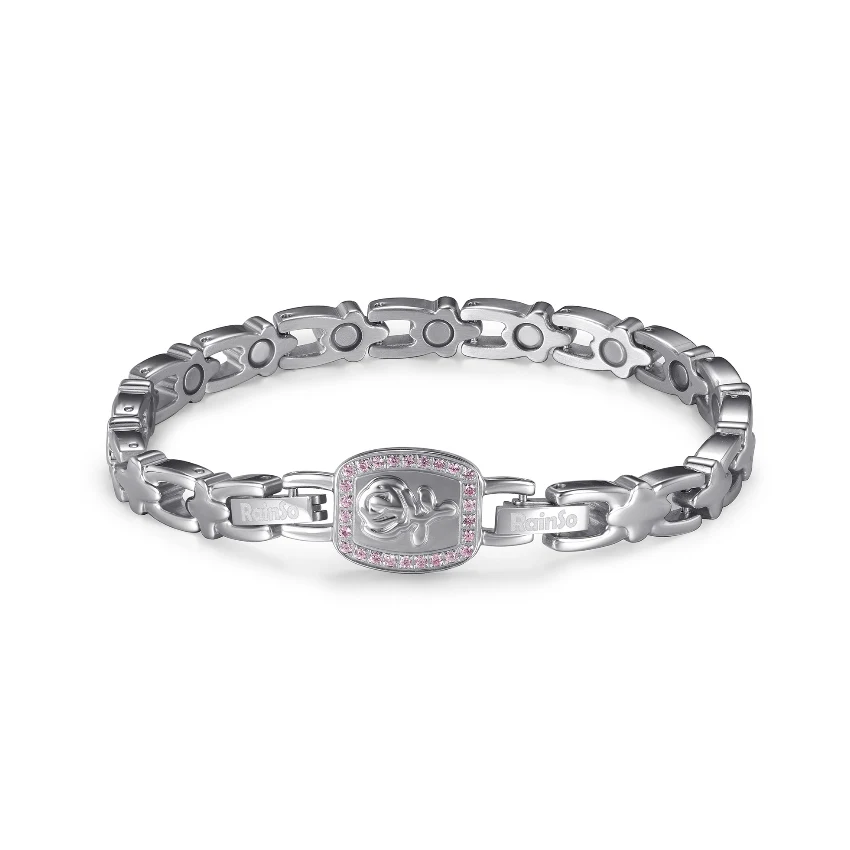 Pink Rose CZ Magnetic 316L Stainless Steel Bracelet - Polished & Matte