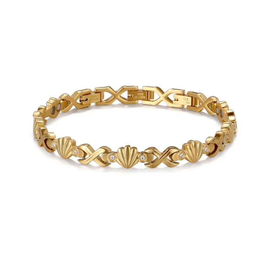 CNC Shell Inlay Zirconia Magnetic 316L Stainless Steel Bracelet – Gold-Tone & White