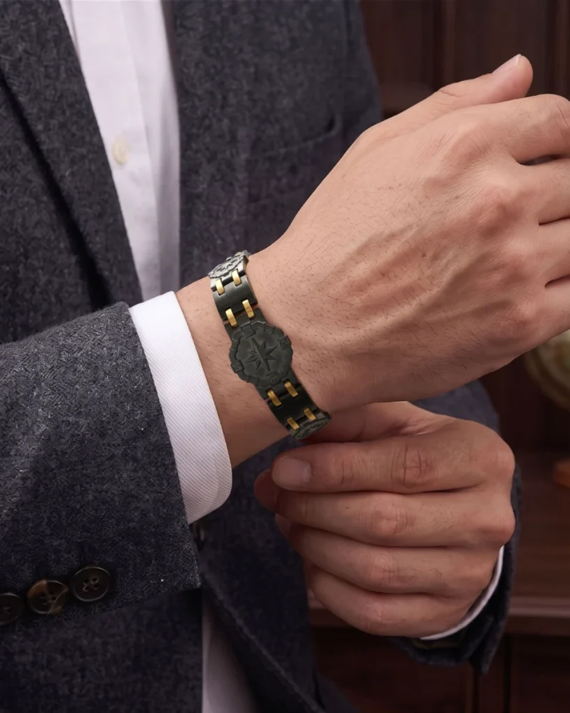 Double-Row Magnetic 316L Stainless Steel Bracelet - Matte Black & Gold-Tone image 3