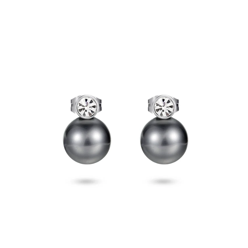 Shell Bead CZ 316L Stainless Steel Magnetic Earrings - Polished Black