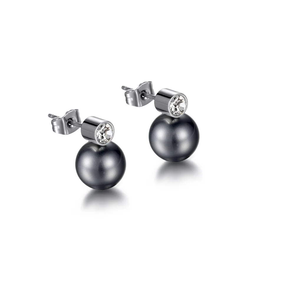 Shell Bead CZ 316L Stainless Steel Magnetic Earrings - Polished Black image 2