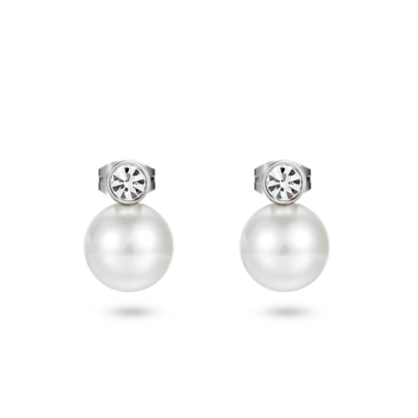 Shell Bead CZ Magnetic Earrings 316L Stainless Steel - Steel-Tone & White Polished