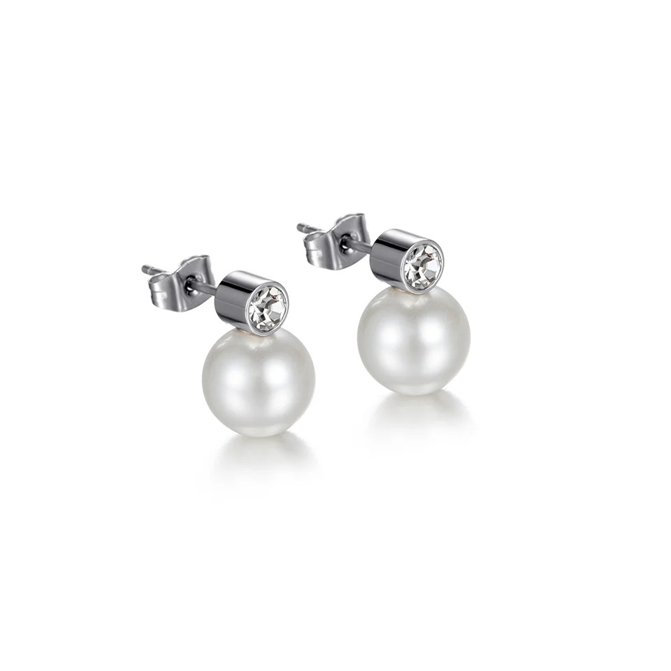 Shell Bead CZ Magnetic Earrings 316L Stainless Steel - Steel-Tone & White Polished image 2