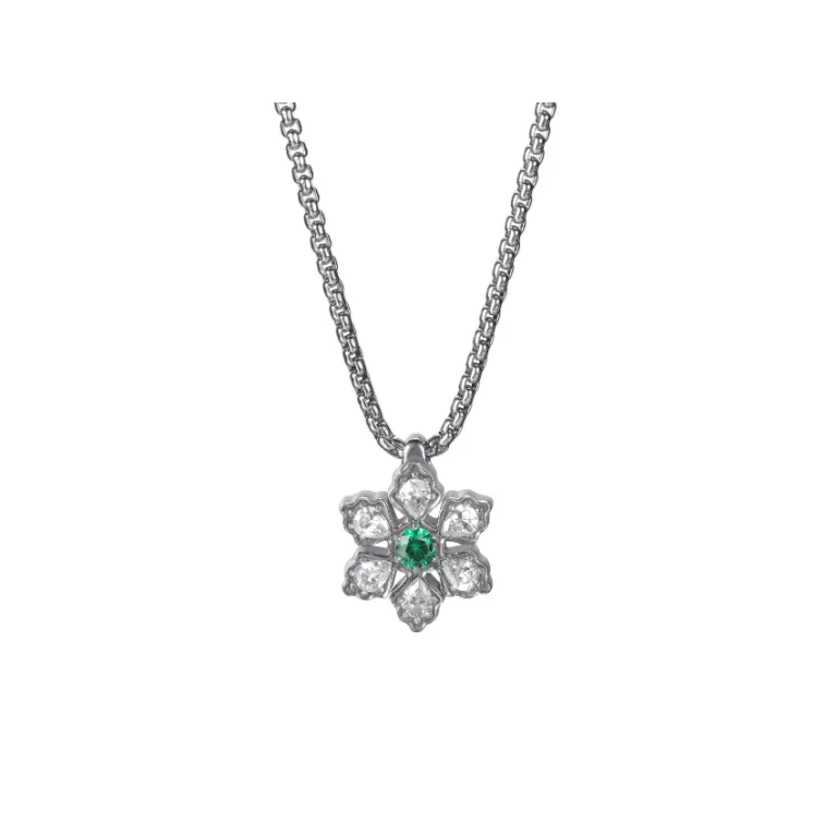 Snowflake Deep Green CZ Magnetic 316L Stainless Steel Necklace - Steel-Tone & Deep Green