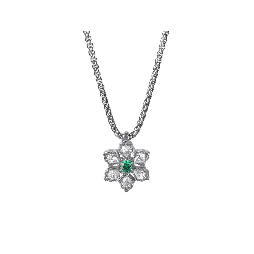 Snowflake Deep Green CZ Magnetic 316L Stainless Steel Necklace - Steel-Tone & Deep Green