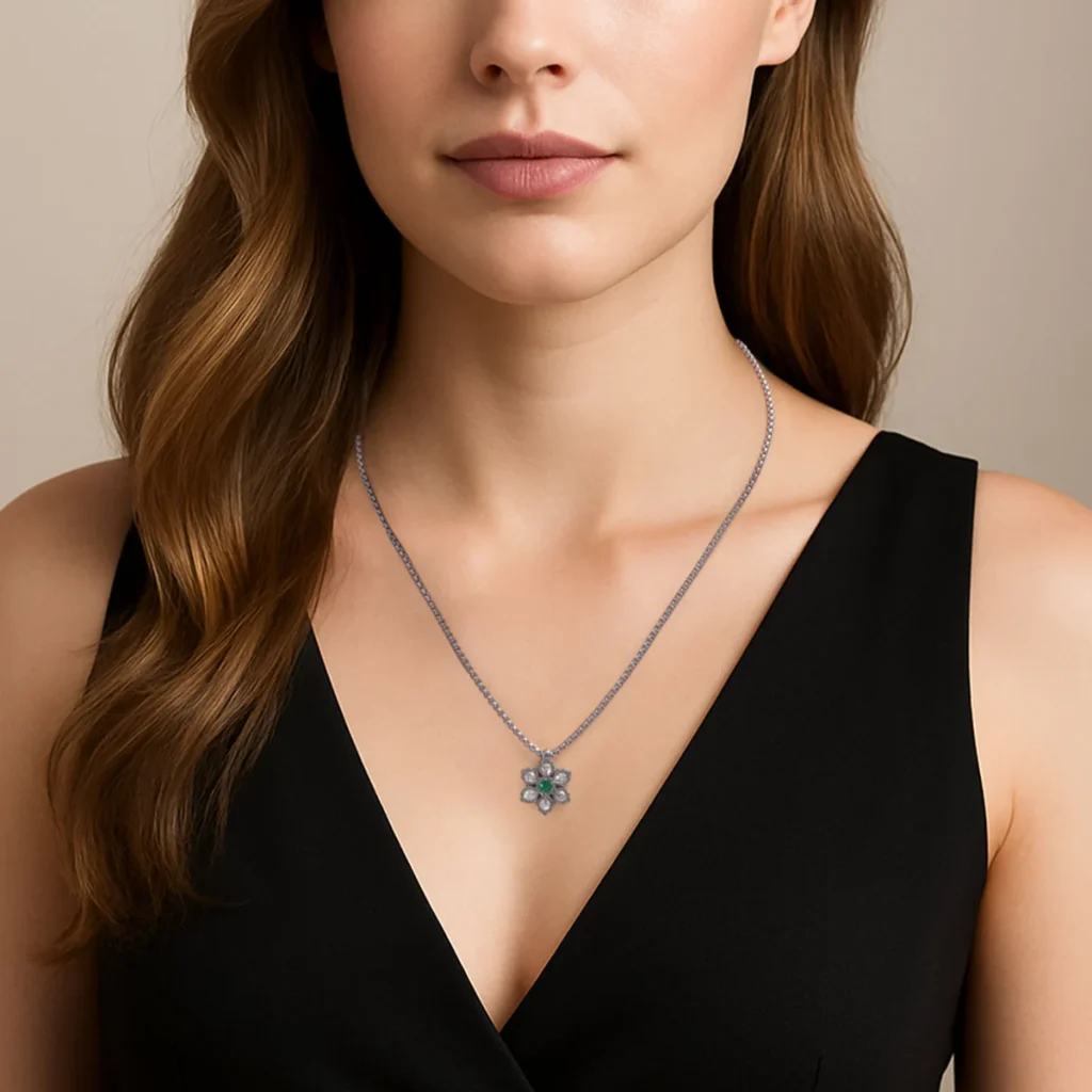 Snowflake Deep Green CZ Magnetic 316L Stainless Steel Necklace - Steel-Tone & Deep Green image 2