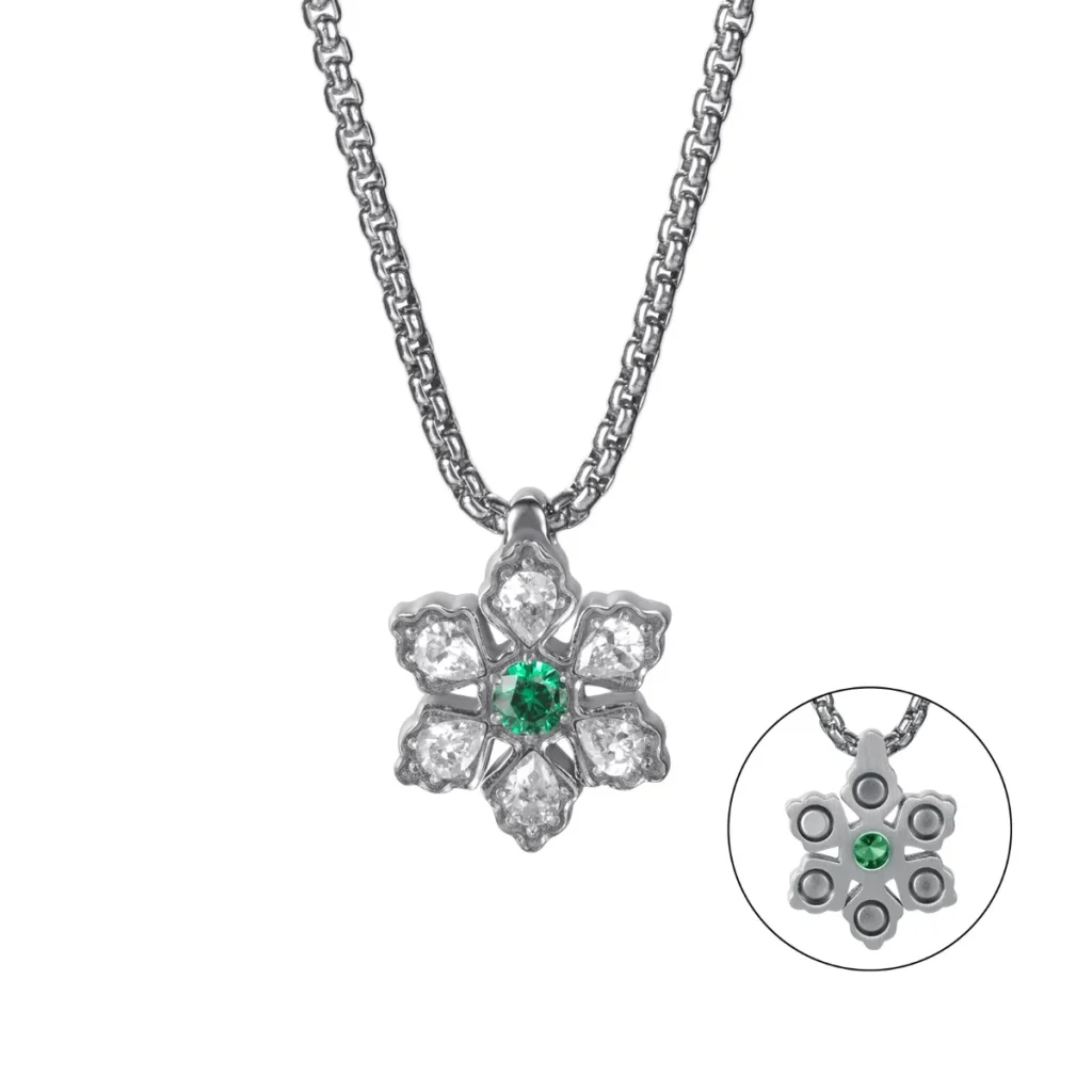 Snowflake Deep Green CZ Magnetic 316L Stainless Steel Necklace - Steel-Tone & Deep Green image 3
