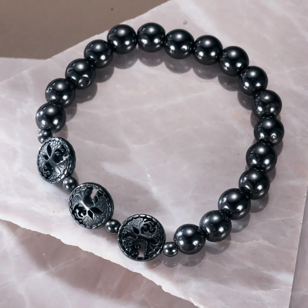Tree of Life Magnetic Black Hematite Beaded Bracelet - Polished image 2