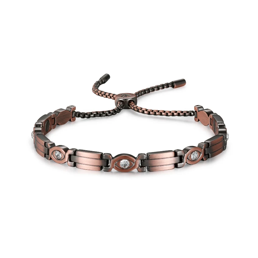 Magnetic Copper Bracelet with Clear CZ Stones, Adjustable Box Chain – Matte Antique Copper