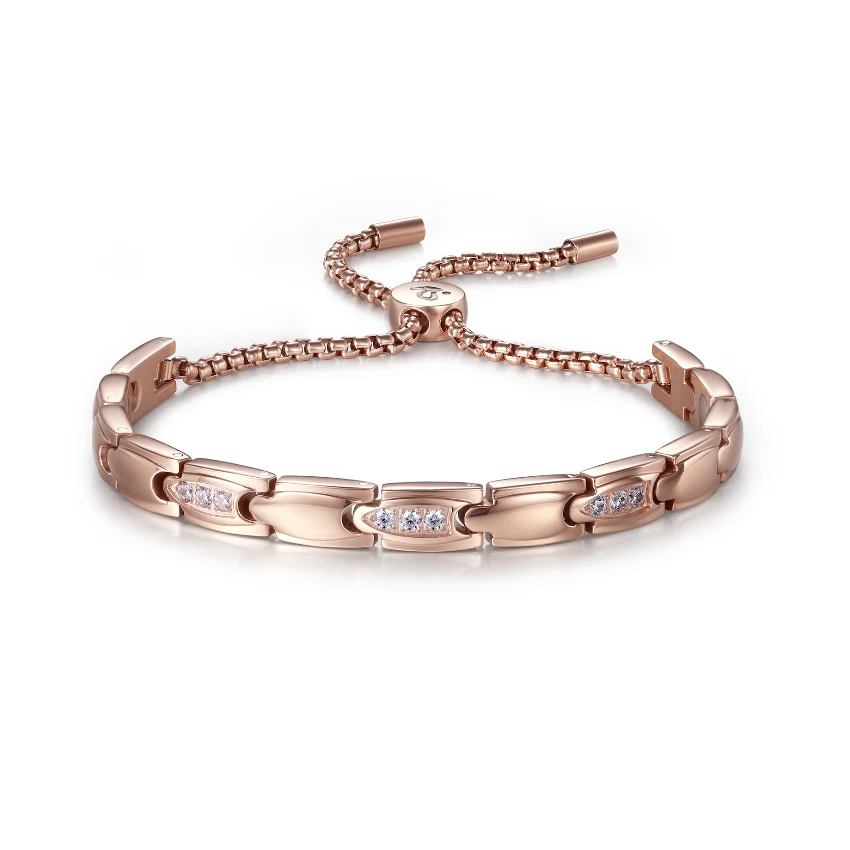 CNC CZ Magnetic Steel-Tone Stretch Bracelet - Polished & Matte Rose Gold & White