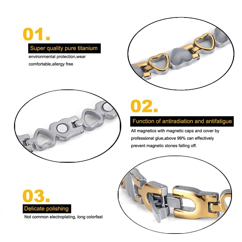 Heart Titanium Magnetic Bracelet - Polished Steel-Tone & Gold-Tone image 2