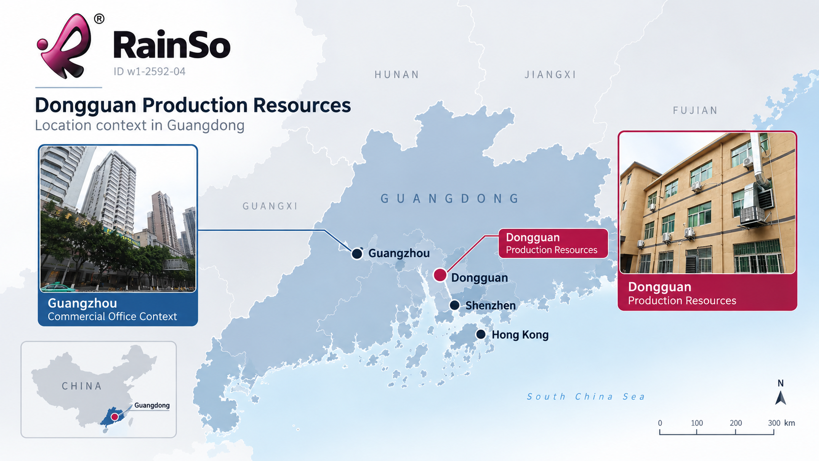 Guangzhou commercial office and Dongguan production resources in Guangdong