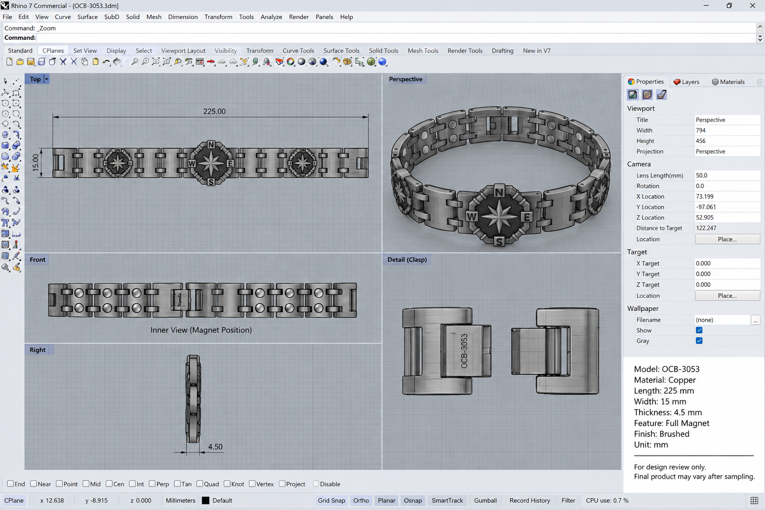 Magnetic jewelry CAD technical review in Rhino with dimensions, material and structure notes